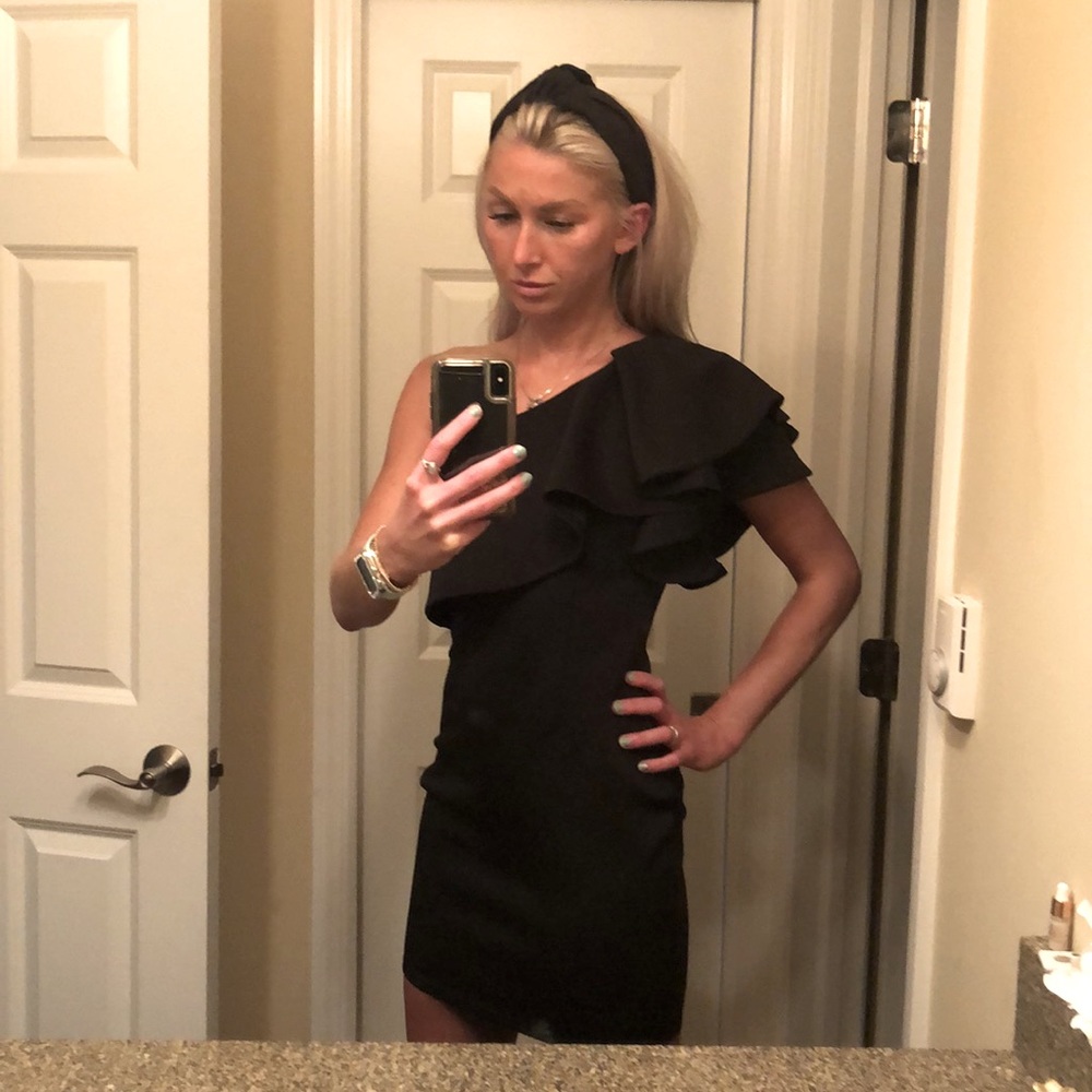 Windsor One-Shoulder Ruffle Black Dress Mid Thigh